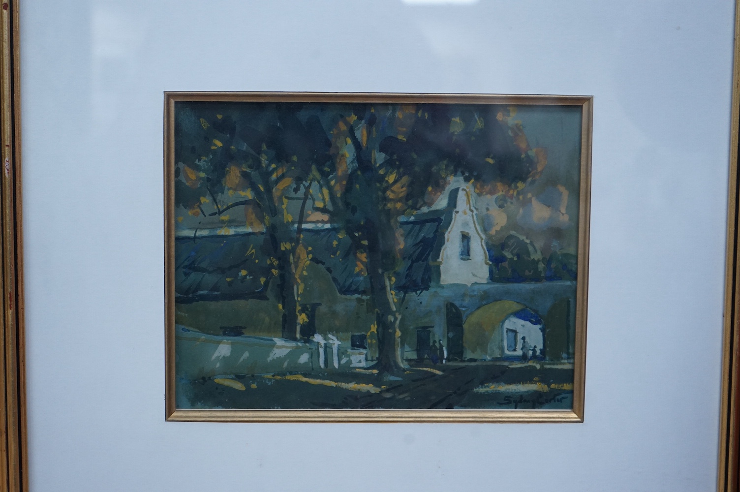 Sydney Carter (South-African, 1874-1945), two gouaches, Landscape and town scene, each signed, largest, 28 x 36cm. Condition - good